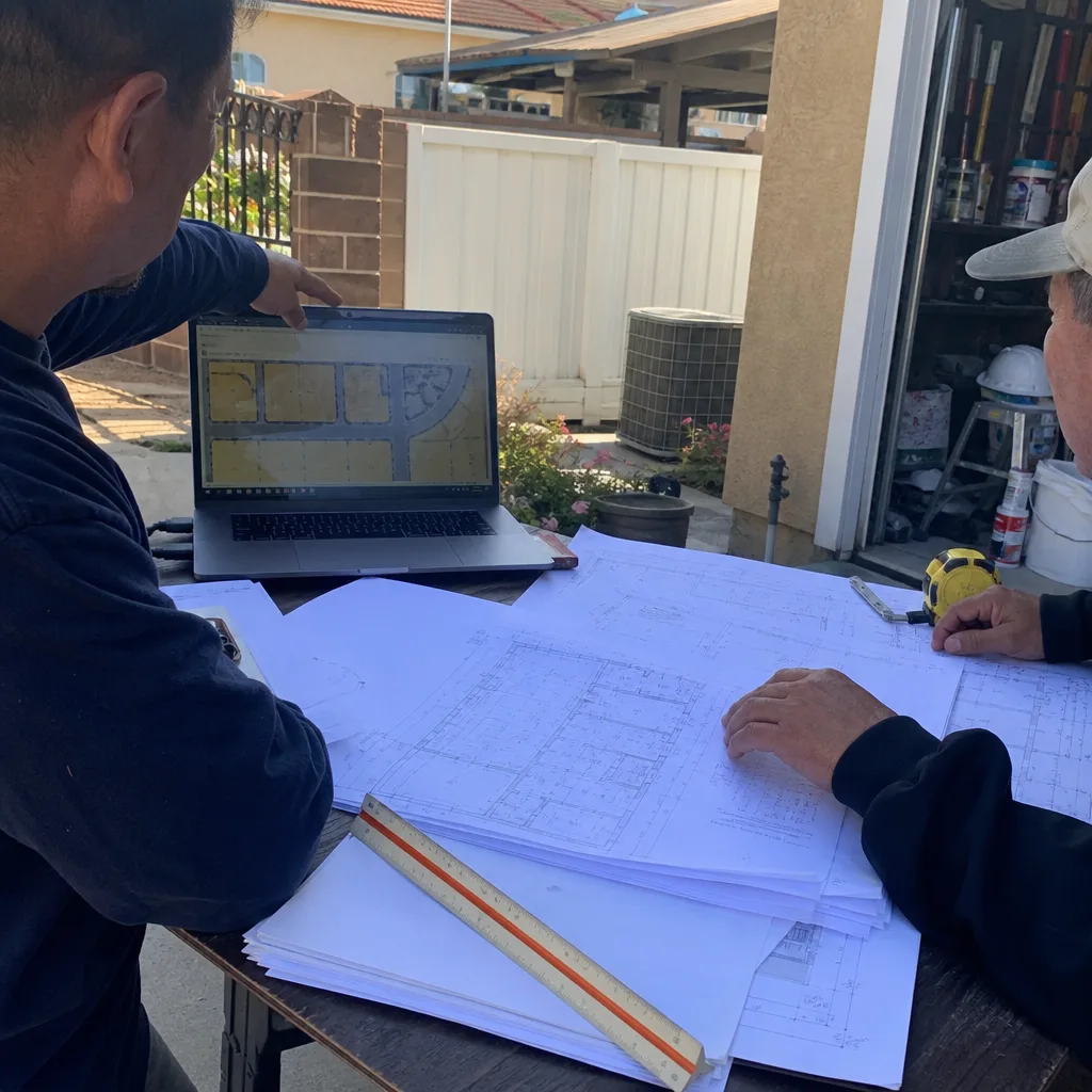Professionals reviewing architectural ADU blueprints and site plans during design consultation