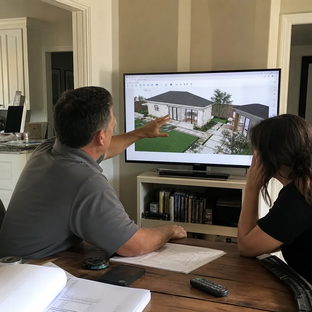 Professional designer showing ADU architectural floor plans to a client.