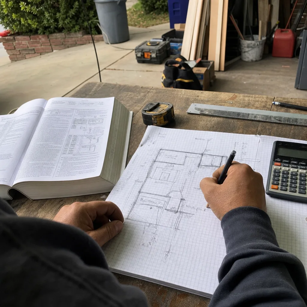 Designer drawing custom ADU architectural blueprints on graph paper