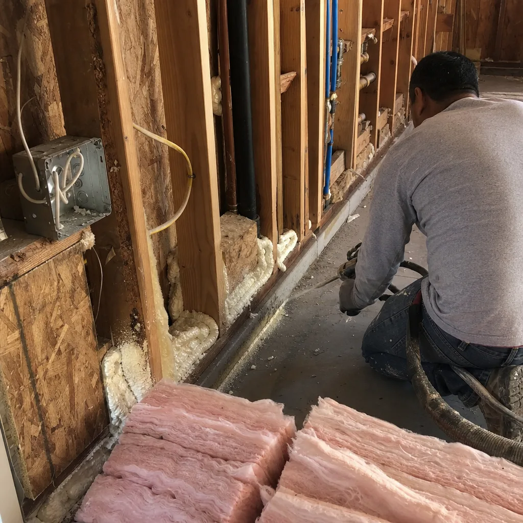 Contractor applying spray foam insulation for garage conversion ADU