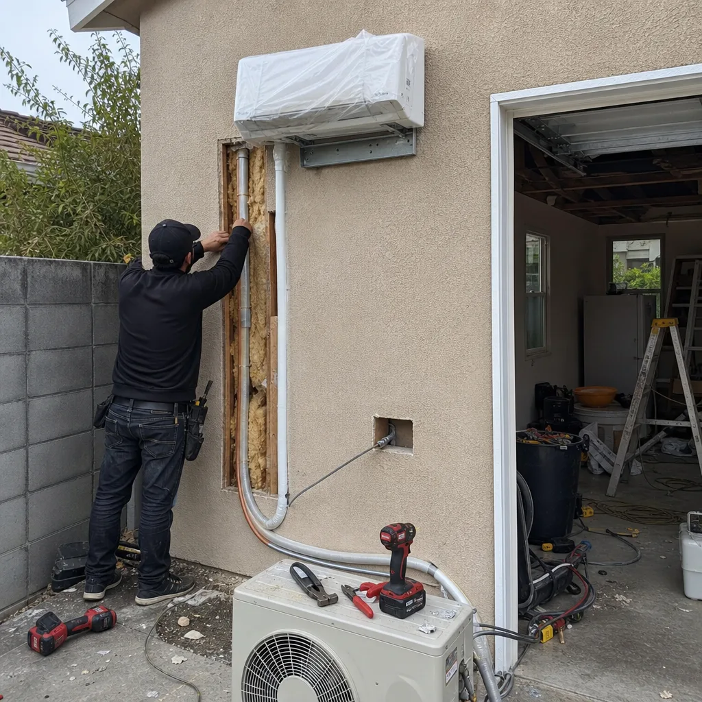 HVAC technician installing a mini-split system during a garage ADU conversion