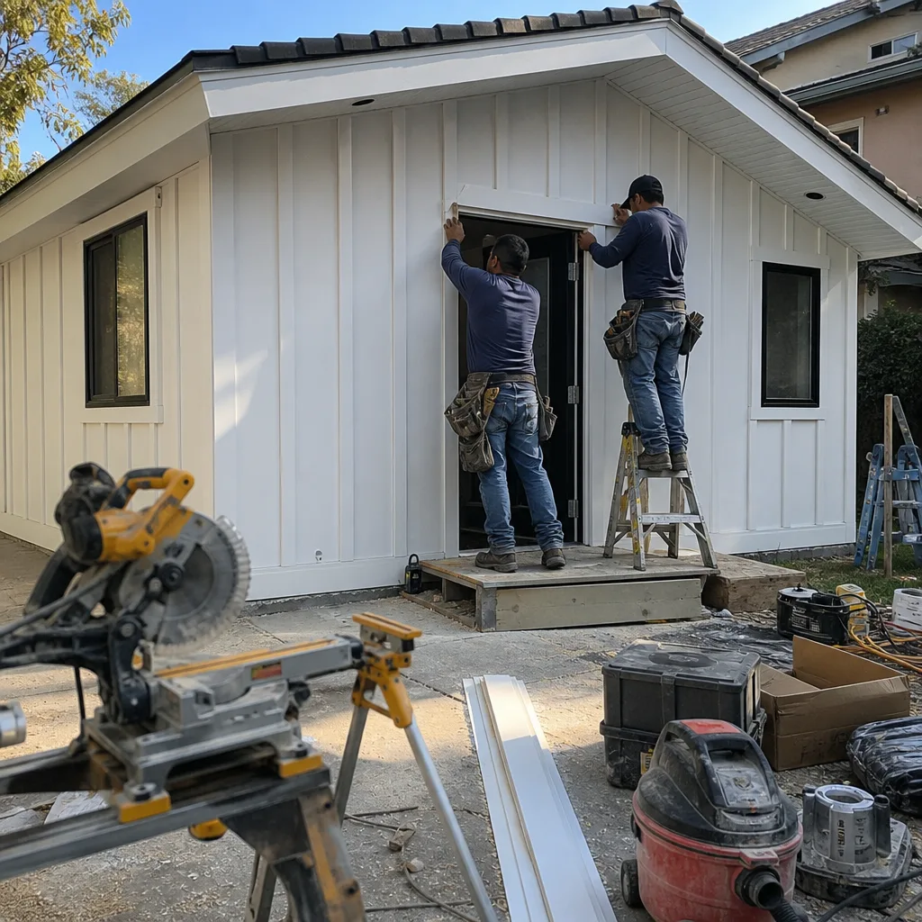 construction crew installing door trim on a newly built modern ADU
